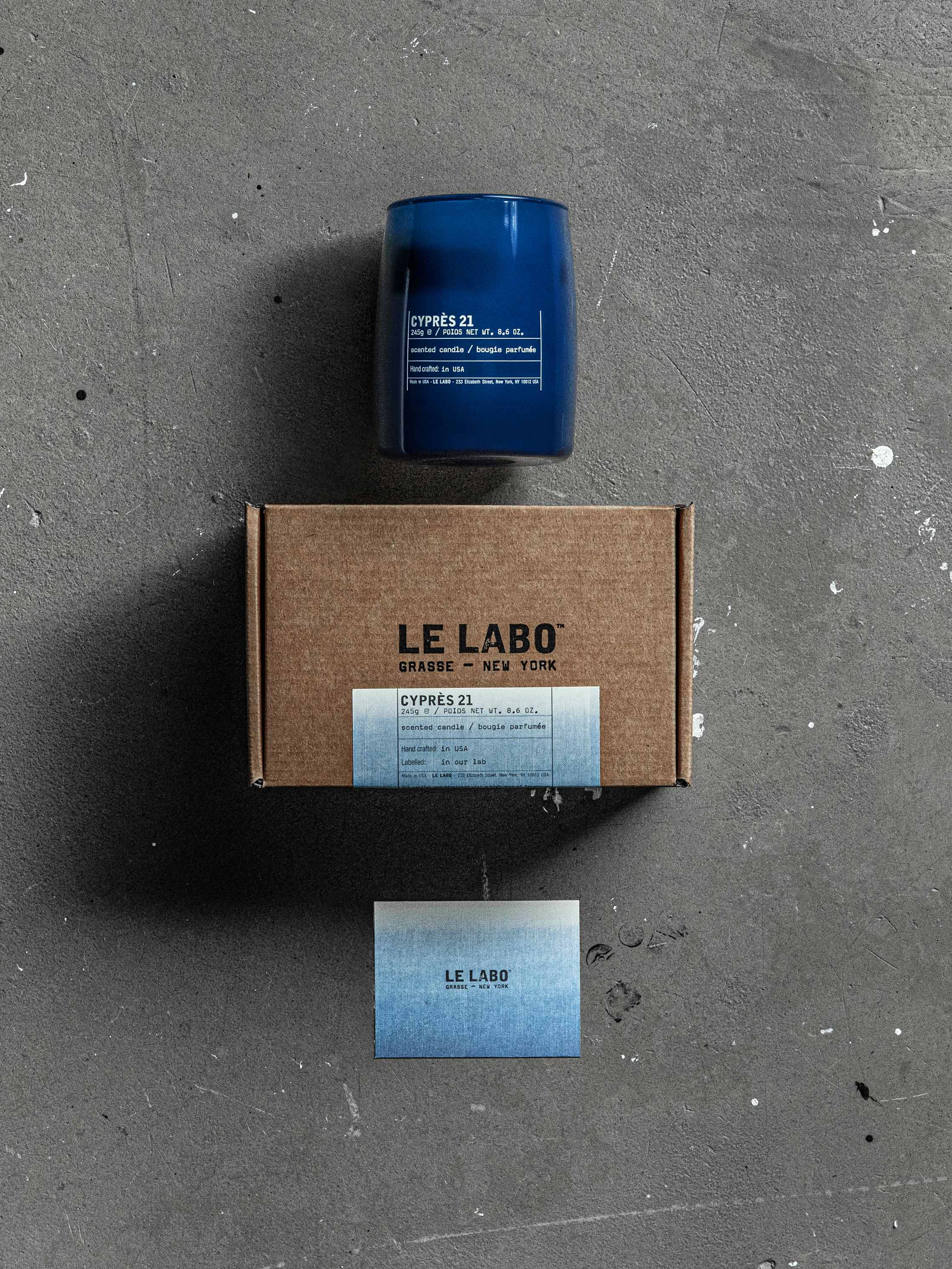 Le Labo CYPRÈS 21 Indigo candle with kraft box and indigo label